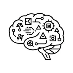 Outline icon of a human brain filled with technology and data symbols