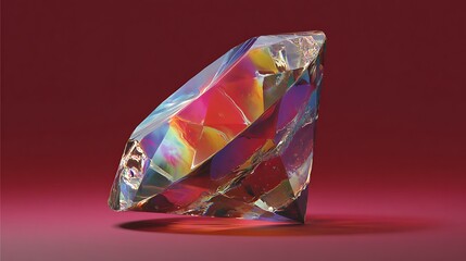 Iridescent crystal fragment reflecting vibrant rainbow colors against a deep crimson background