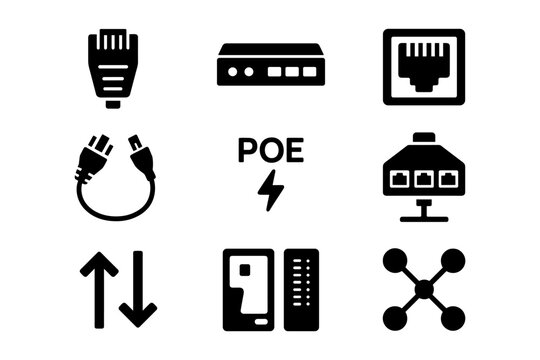 Power over ethernet icons in minimalist black small set