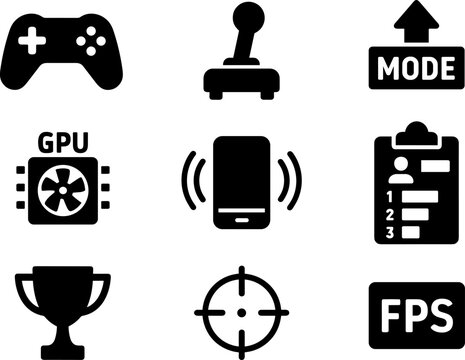 Set of gaming icons including game controller, joystick, and trophy - Powered by Adobe
