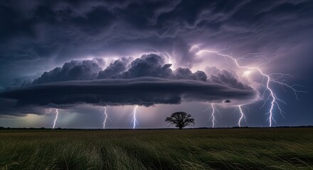 Dramatic storm scene with massive dark clouds and multiple lightning bolts striking over a green field with a lone tree. Perfect for weather concepts, nature power themes, and climate topics.