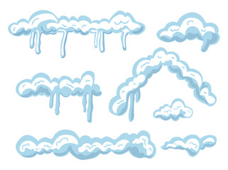 Set of  snow caps. Winter snow, roof and frame decoration elements for Christmas scenes, web graphics, cards, and game UI.