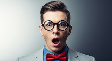 A young man with round glasses and a red bow tie shows a surprised expression with his mouth open. Perfect for concepts of shock, amazement, or unexpected news in marketing materials.