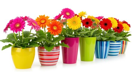 Bright gerbera daisies in rainbow colors arranged in colorful pots on white background. Perfect for spring decorations, home and garden design, or cheerful interior concepts.