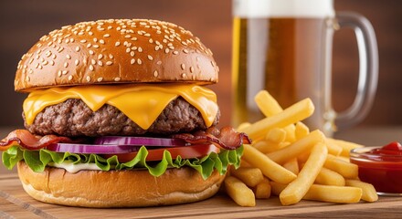 Juicy cheeseburger with bacon, lettuce, tomato and onion on sesame bun served with crispy fries and cold beer. Perfect for menu design, restaurant ads, or food blogs.