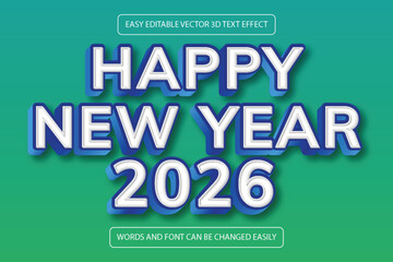 Happy new year 2026 3d text effect on a vibrant green background, easily editable vector design for celebrations