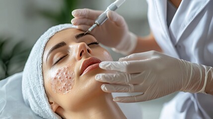 A dermatologist discussing eczema management with a patient. The focus is on a woman receiving a skincare treatment, with emphasis on dermatological care and skin health solutions. Close up shot.