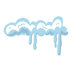Single snow cap with long icicles in soft blue and white. Winter border element for roofs, frames, headers, Christmas scenes, web graphics, kids illustrations, and game UI.