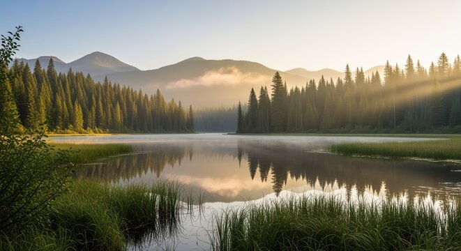 Peaceful mountain lake at dawn with mirror-like water reflecting pine forest and misty peaks. Morning fog drifts over calm surface surrounded by green grass and evergreen trees.
