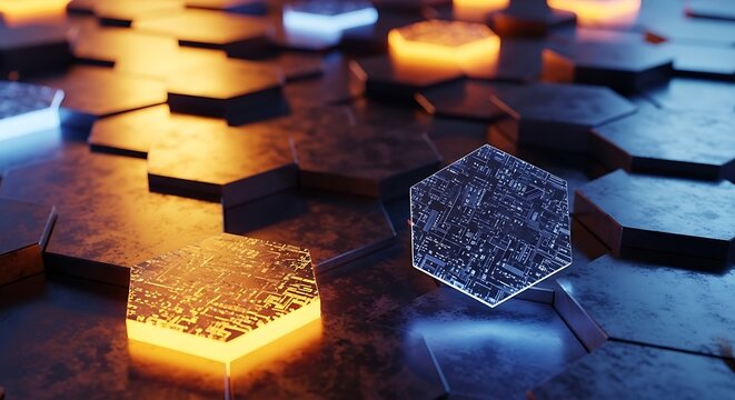 Abstract honeycomb structure with glowing geometric shapes and futuristic design