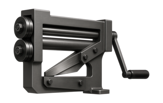 Dual-function bead roller with built-in shear for cutting and shaping metal sheets.