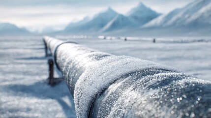 Frozen Pipeline in Snowy Landscape at Sunrise