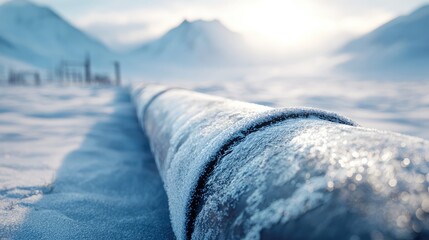 Frozen Pipeline in Snowy Landscape at Sunrise