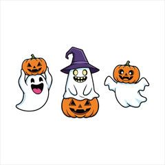 Obraz premium Cute Halloween ghosts and pumpkins characters cartoon illustration Art & Illustration