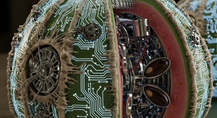 Organic fruit exterior conceals complex mechanical and electronic core structure