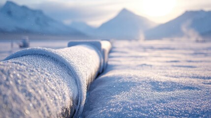 Frozen Pipeline in Snowy Landscape at Sunrise