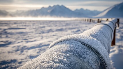 Frozen Pipeline in Snowy Landscape at Sunrise