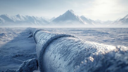 Frozen Pipeline in Snowy Landscape at Sunrise