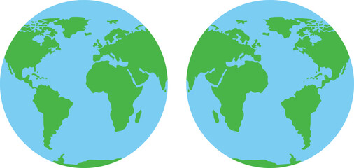 Two flat cartoon globes showing continents and oceans earth world planet