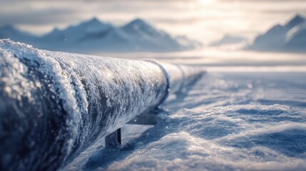 Frozen Pipeline in Snowy Landscape at Sunrise