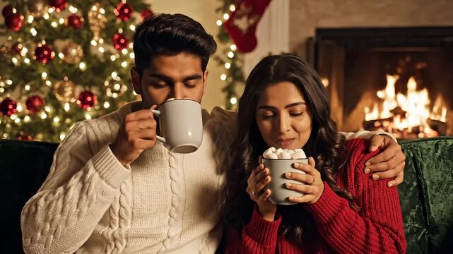 Romantic couple enjoys hot chocolate by the fireplace during Christmas holidays, feeling the warmth and love in a cozy winter atmosphere