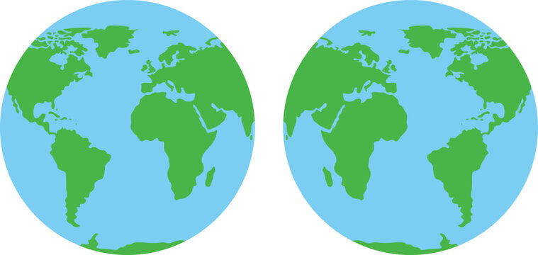 Two flat cartoon globes showing continents and oceans earth world planet