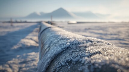 Frozen Pipeline in Snowy Landscape at Sunrise