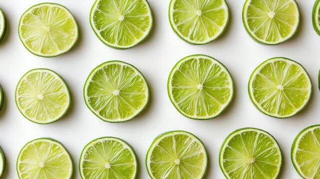 Multiple green lime slices laid out in a geometric pattern on white background. Fresh and vibrant citrus texture. Organic summer fruit layout.