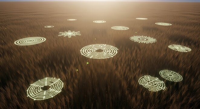Numerous illuminated geometric patterns appear mysteriously flattened within a vast field of mature grain under bright sunlight. - Powered by Adobe