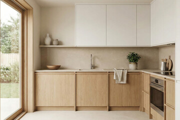 Bright and elegant modern kitchen interior featuring natural wood cabinets, clean white upper...