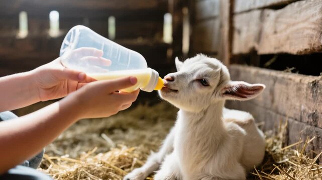 A small white goat kid lying on straw while drinking milk from a bottle held by a child. Scene captured inside a rustic wooden barn. Farm life and nurturing.
