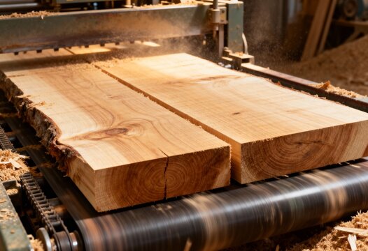Two thick wooden planks are moved through an industrial planing machine, producing sawdust and wood shavings in a workshop setting.