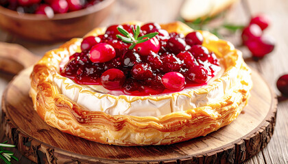 Baked brie in puff pastry, topped with cranberry sauce, closeup. AI