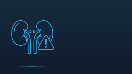 Glowing Blue Line Art Vector Illustration of the Paired Human Kidneys and Renal System Structure Accompanied by a Vital Health Alert Indicator Symbol Promoting Proactive Medical Checkups and