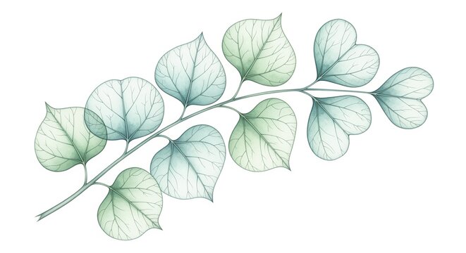 Delicate eucalyptus branch with translucent leaves in soft green and blue tones. The see-through foliage shows detailed veins. Perfect for botanical art, wedding designs, or nature themes.