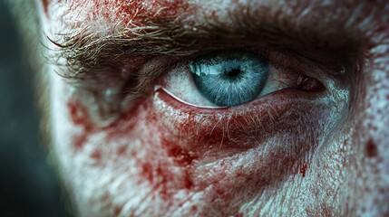 A detailed closeup of a face showing psoriasis. The image showcases the texture and detail of the skin condition, centered around a bright blue eye. Useful for medical or dermatological concepts.