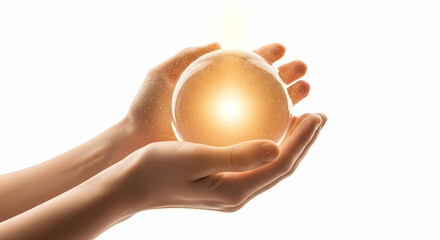 Hands gently hold a shimmering crystal ball, radiating warm light, evoking hope and future possibilities with a touch of magic and wonder