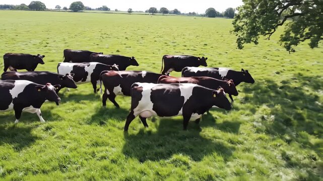 Aerial footage showing a herd of dairy cattle grazing in the verdant green pastures of a rural farm
