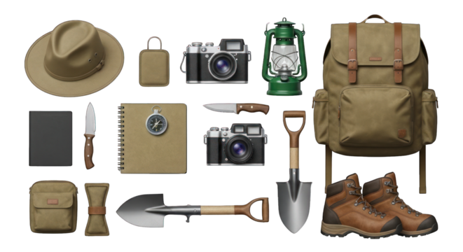 Camping gear layout featuring hat, shovel, backpack, boots, camera, and other items