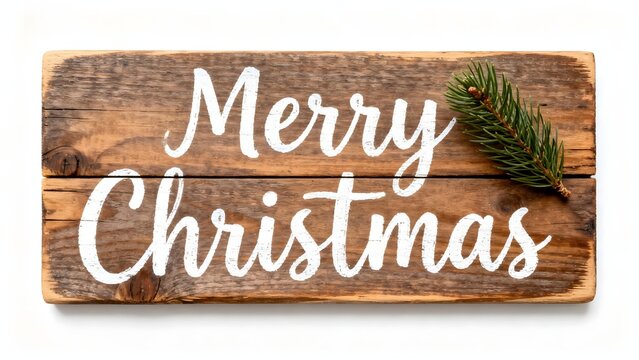 Rustic wooden Christmas sign with handwritten greeting isolated on white. Farmhouse style holiday decor, natural and cozy Christmas concept.