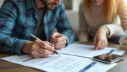 Couple reviews mortgage paperwork at table discussing home purchase. Man signs document, woman points at form. Real estate planning for future ownership.