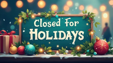 Festive sign with 'Closed for Holidays' message surrounded by ornaments and a gift, concept for holiday greetings, retail closures and seasonal announcements 