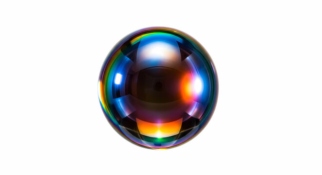 Mesmerizing iridescent sphere reflects rainbow hues, perfect for abstract designs, futuristic concepts, or vibrant visual elements with a touch of ethereal beauty