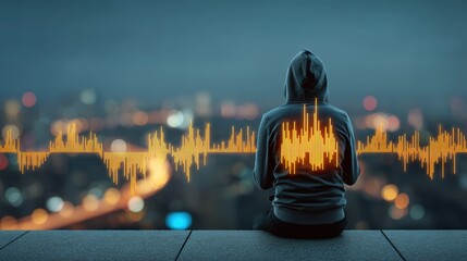 Reflective solitude a person listening to sound waves city skyline digital art nighttime introspective mood