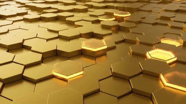 Golden Hexagon Surface With Illuminating Sections Abstract Geometric Pattern Background, Metal Honeycomb Design, Shiny Gold Texture, Elegant Decorative Illustration