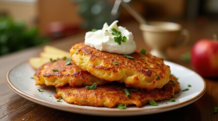 Freshly cooked potato latkes served with applesauce and sour cream in a cozy setting 
