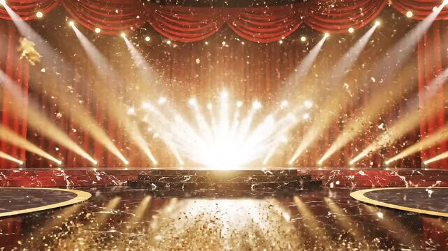 Elegant stage with swirling golden lights and red curtains, perfect for awards ceremonies, theater productions, and captivating performances