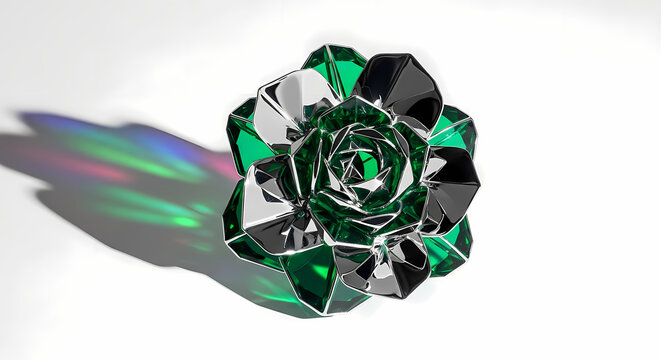 Elegant emerald crystal rose art piece casting vibrant light, a modern symbol of luxury, perfect for high-end design projects and sophisticated branding campaigns