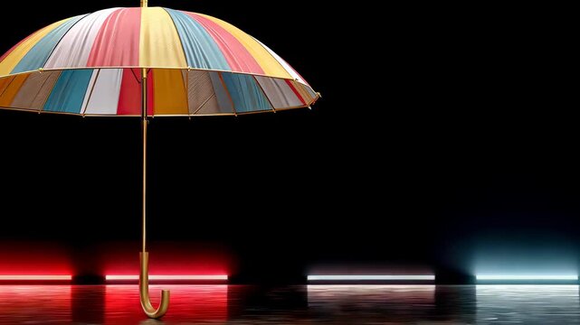 Colorful umbrella stands out in dark space with bright neon lights creating a vibrant atmosphere