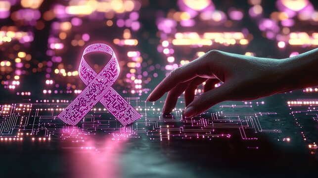 Hand touching glowing pink ribbon on digital interface for AI precision medicine